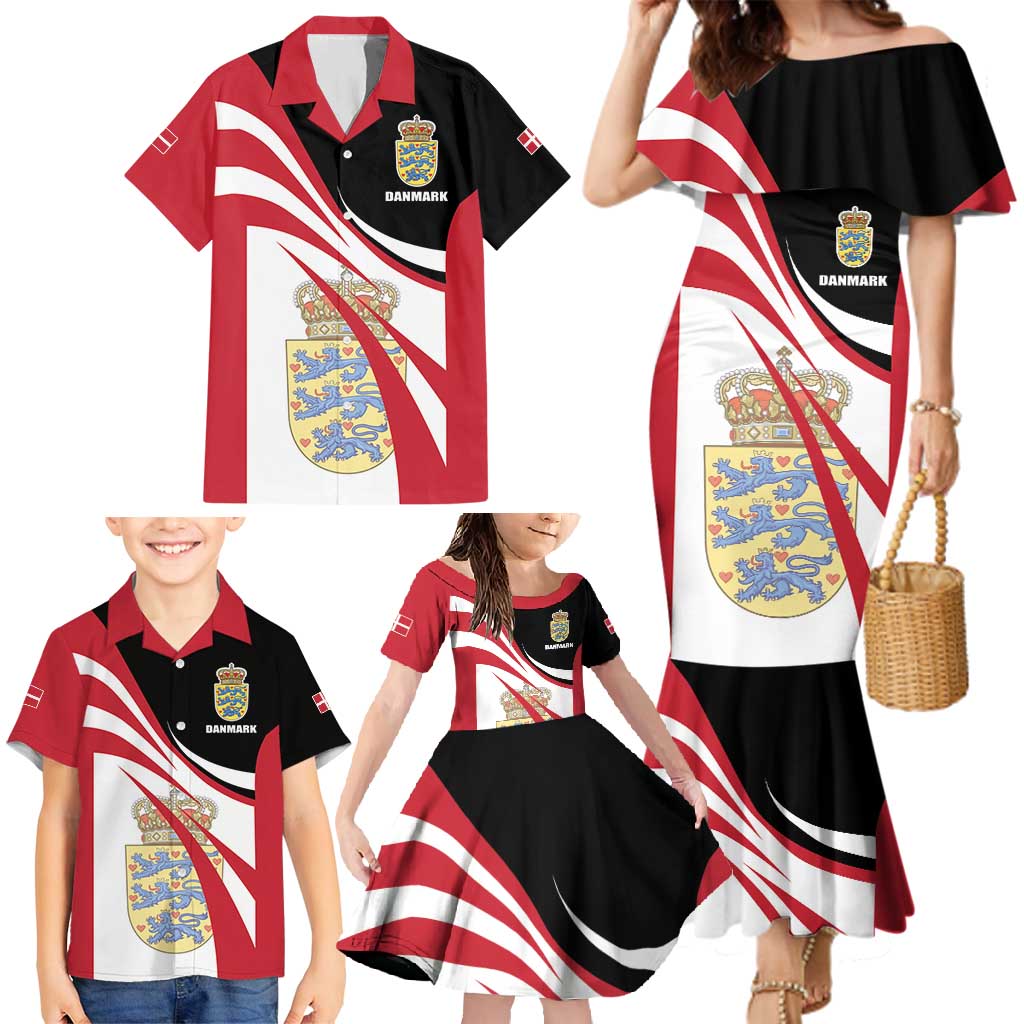 Personalized Danmark Coat of Arms Family Matching Mermaid Dress and Hawaiian Shirt Denmark Three Pale Blue Lions