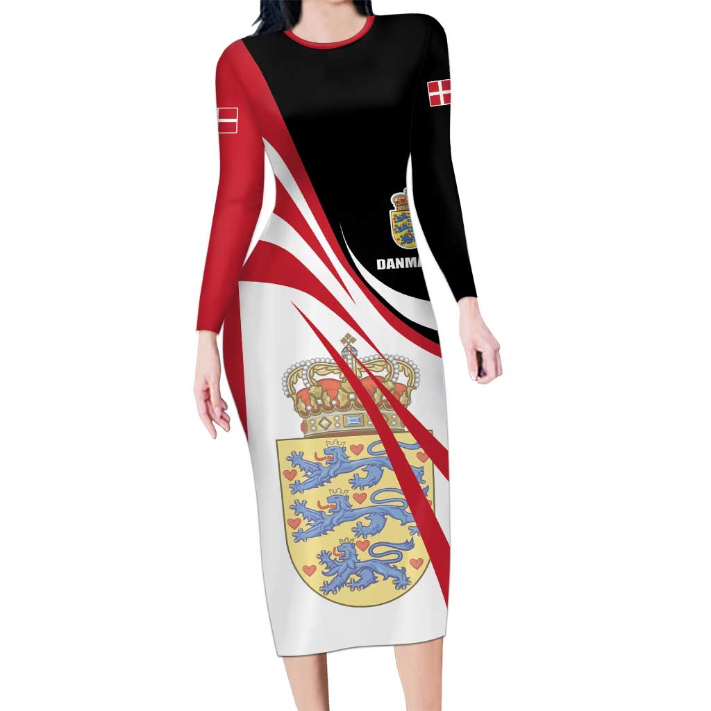 Personalized Danmark Coat of Arms Long Sleeve Bodycon Dress Denmark Three Pale Blue Lions