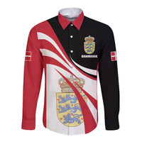 Long sleeve button shirt with red, black, and white front crest and DANMARK text