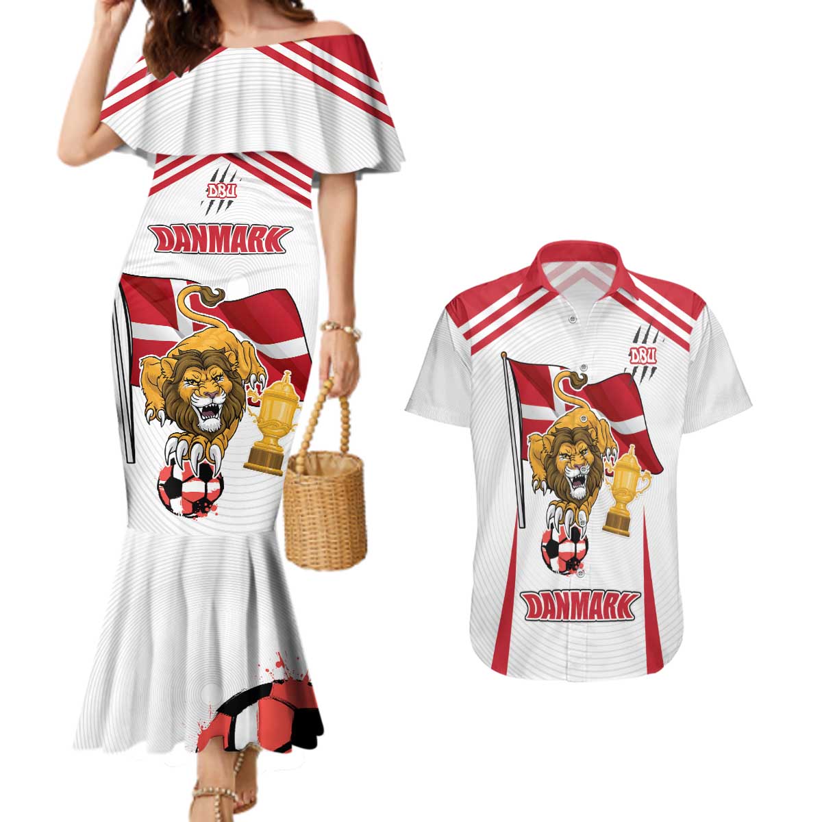 Custom Danmark Football Go Champions Couples Matching Mermaid Dress and Hawaiian Shirt Denmark Sporty Style