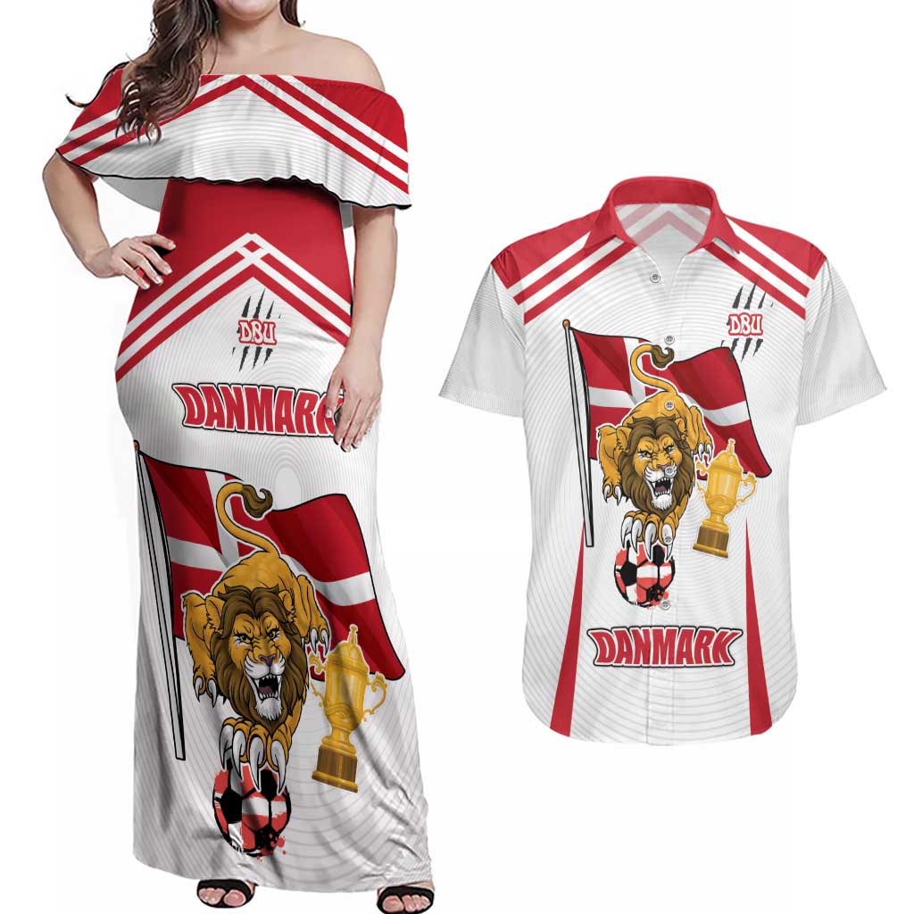 Custom Danmark Football Go Champions Couples Matching Off Shoulder Maxi Dress and Hawaiian Shirt Denmark Sporty Style