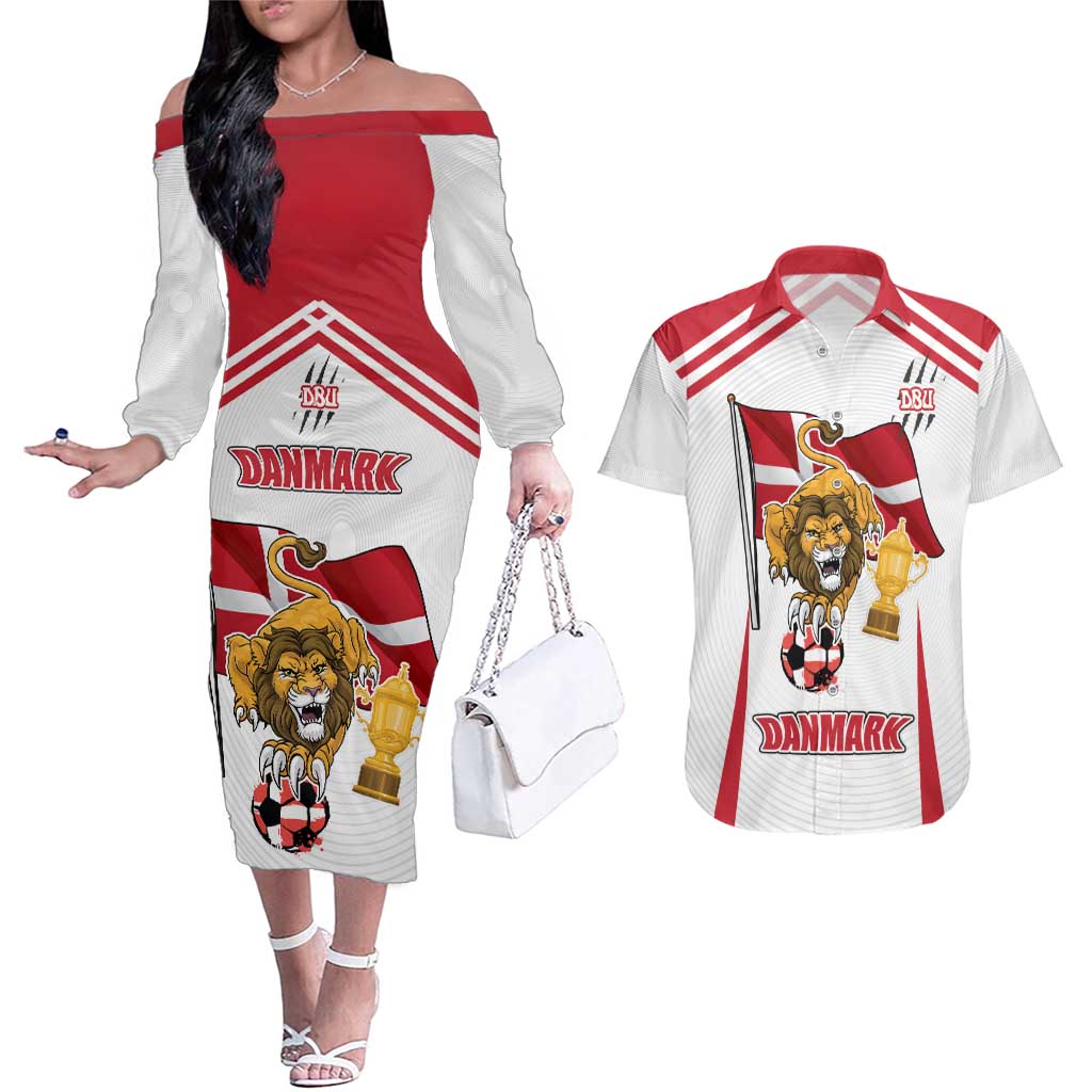 Custom Danmark Football Go Champions Couples Matching Off The Shoulder Long Sleeve Dress and Hawaiian Shirt Denmark Sporty Style