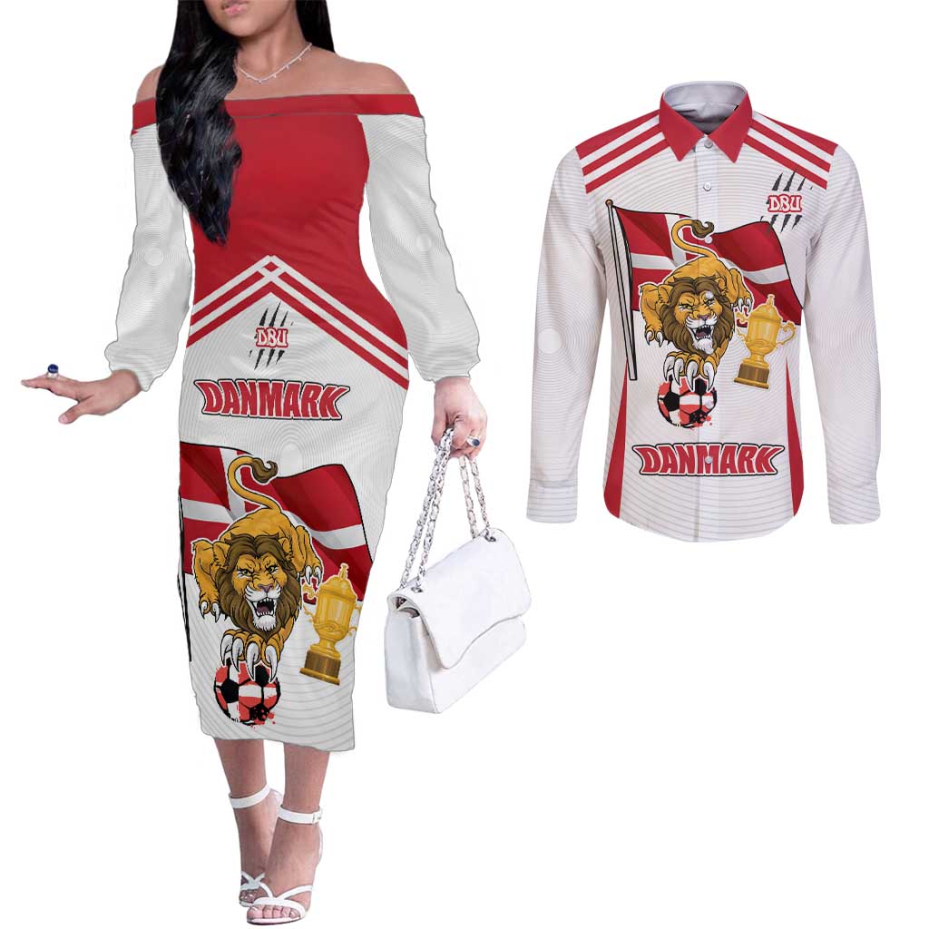 Custom Danmark Football Go Champions Couples Matching Off The Shoulder Long Sleeve Dress and Long Sleeve Button Shirt Denmark Sporty Style