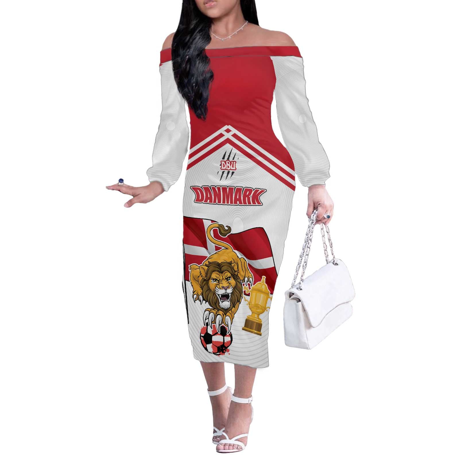 Custom Danmark Football Go Champions Off The Shoulder Long Sleeve Dress Denmark Sporty Style