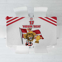 White football tablecloth with red stripes, lion mascot, trophy, and “YOUR TEXT” design