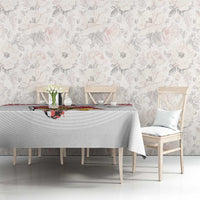 White football tablecloth with red-striped trim and small central mascot graphic