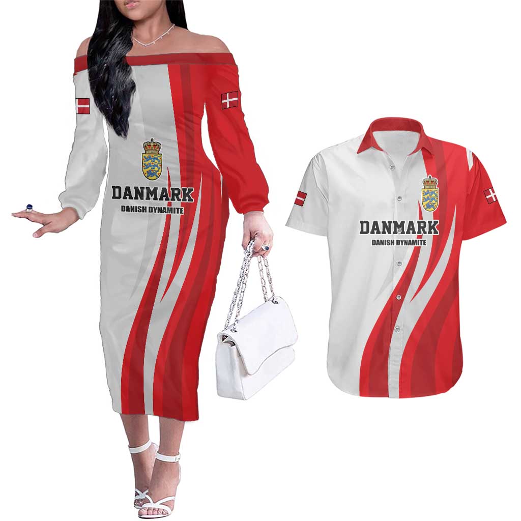 Personalized Danmark Football Couples Matching Off The Shoulder Long Sleeve Dress and Hawaiian Shirt Denmark Sporty Style Danish Dynamite