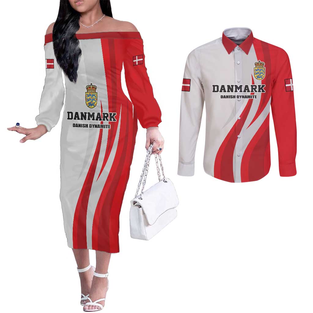 Personalized Danmark Football Couples Matching Off The Shoulder Long Sleeve Dress and Long Sleeve Button Shirt Denmark Sporty Style Danish Dynamite