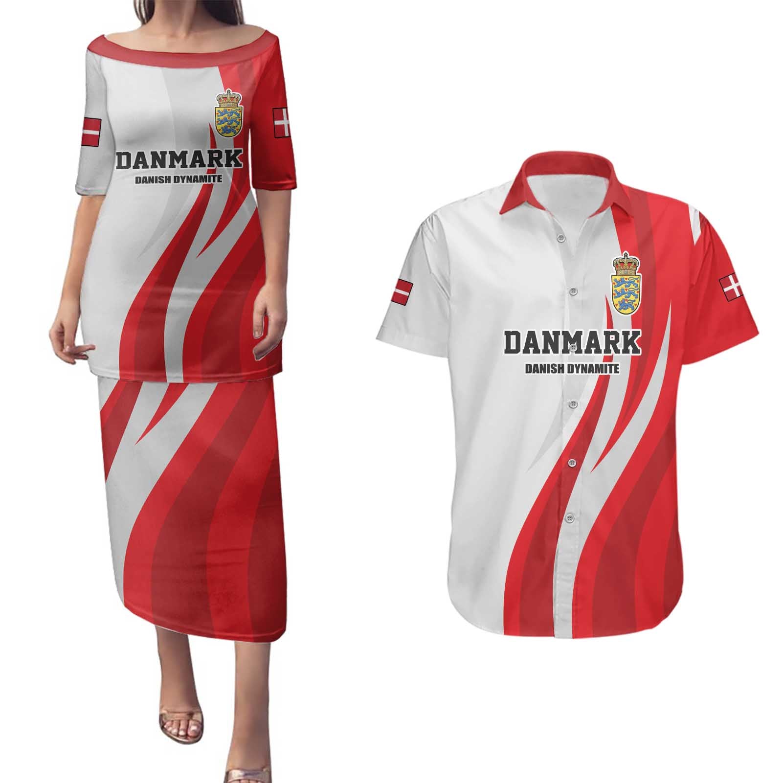 Personalized Danmark Football Couples Matching Puletasi and Hawaiian Shirt Denmark Sporty Style Danish Dynamite