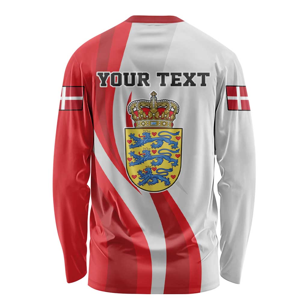 Red and white long-sleeve football shirt with YOUR TEXT and Denmark coat of arms