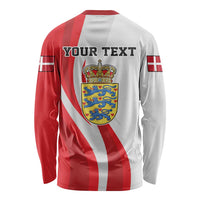 Red and white long-sleeve football shirt with YOUR TEXT and Denmark coat of arms