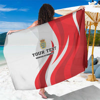 Personalized red-and-white football sarong with crest and “YOUR TEXT” print