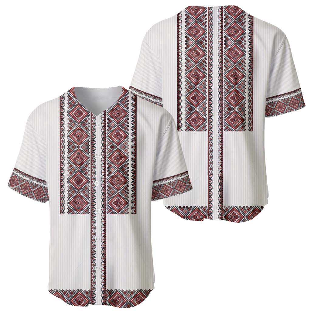 Two baseball jerseys: white front and back with red geometric folk embroidery