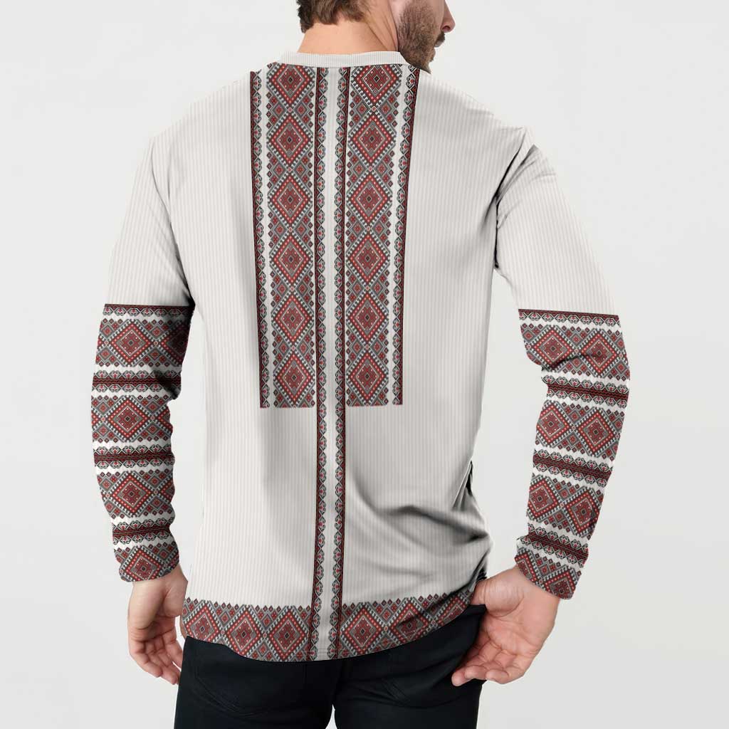 White button-front sweatshirt with full back geometric embroidery and patterned sleeve bands
