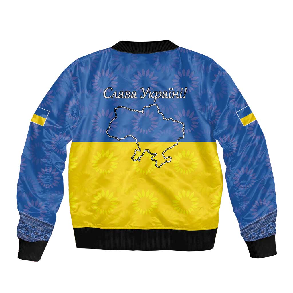 Blue and yellow bomber jacket with Ukraine map and back slogan text