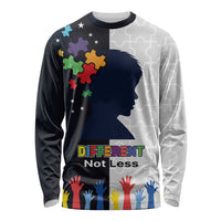 Long-sleeve autism awareness shirt with 'Different Not Less' graphic and hand silhouettes