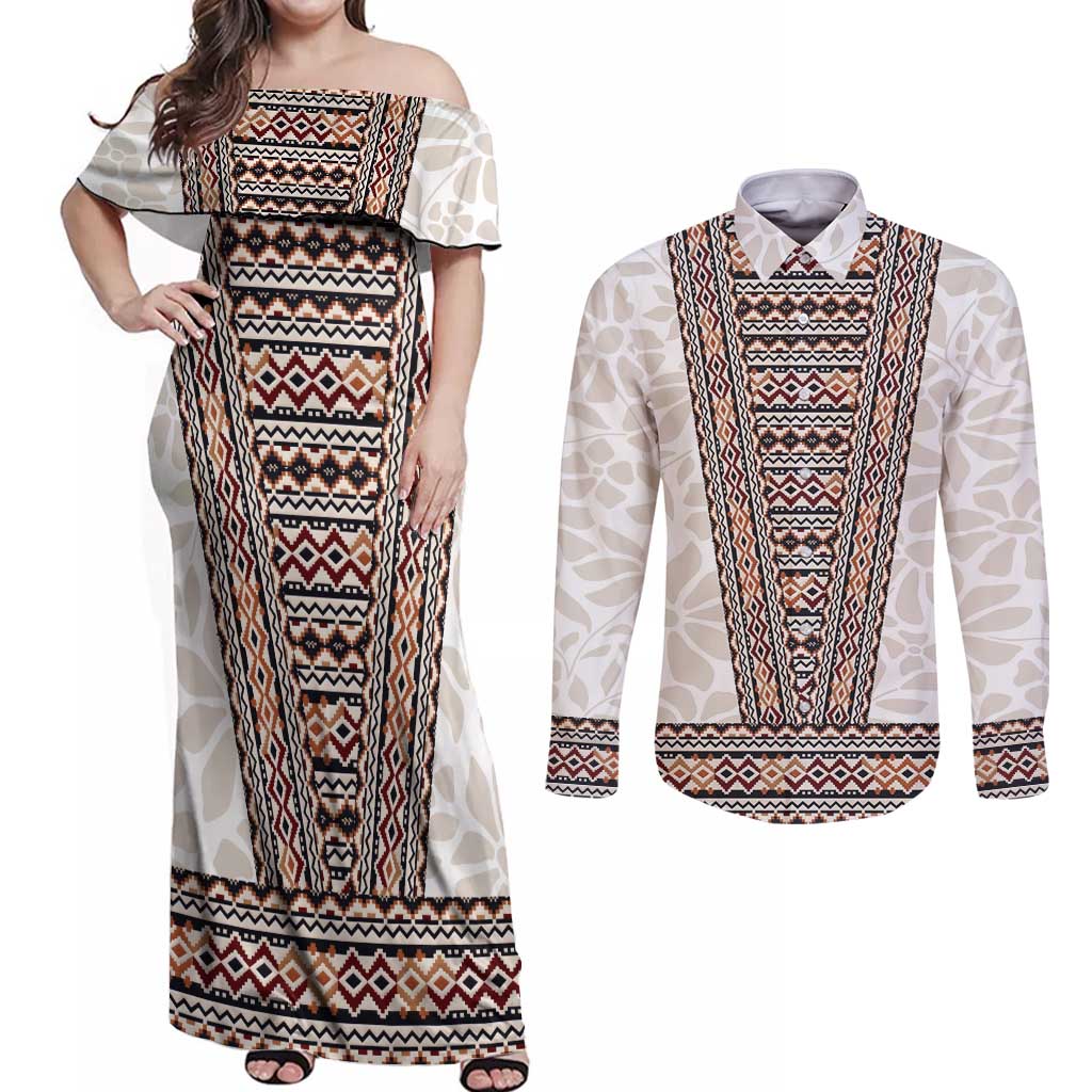 Danmark Traditional Patern with Daisy Couples Matching Off Shoulder Maxi Dress and Long Sleeve Button Shirt Danish Patern Simple Style
