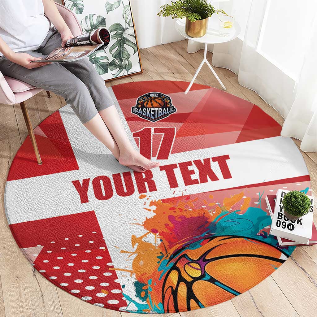 Round basketball rug with centered "17" emblem, basketball artwork, and "YOUR TEXT".