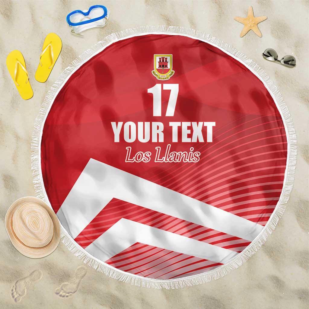 Red circular beach blanket with fringe, “YOUR TEXT”, “Los Llanis” and number 17