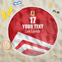 Red circular beach blanket with fringe, “YOUR TEXT”, “Los Llanis” and number 17