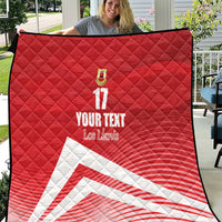 Custom red quilt blanket with diamond stitching, crest, number 17, and white diagonal pattern