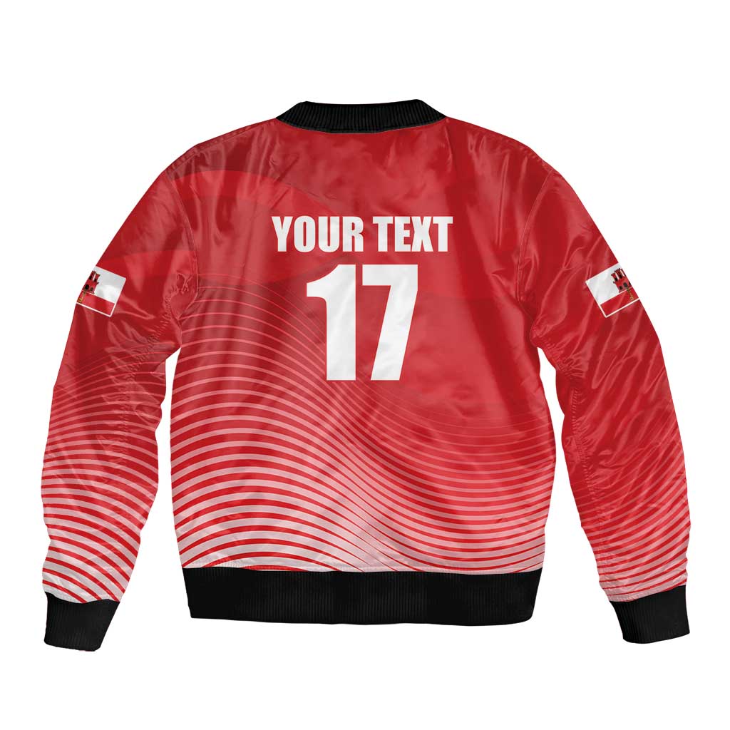 Red bomber jacket back with custom text and number 17, black ribbed hem and cuffs