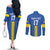 Custom Ukraine Football Couples Matching Off The Shoulder Long Sleeve Dress and Long Sleeve Button Shirt Blue Style