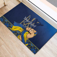 Personalized blue rubber doormat showing yellow waving figure and “Your text”