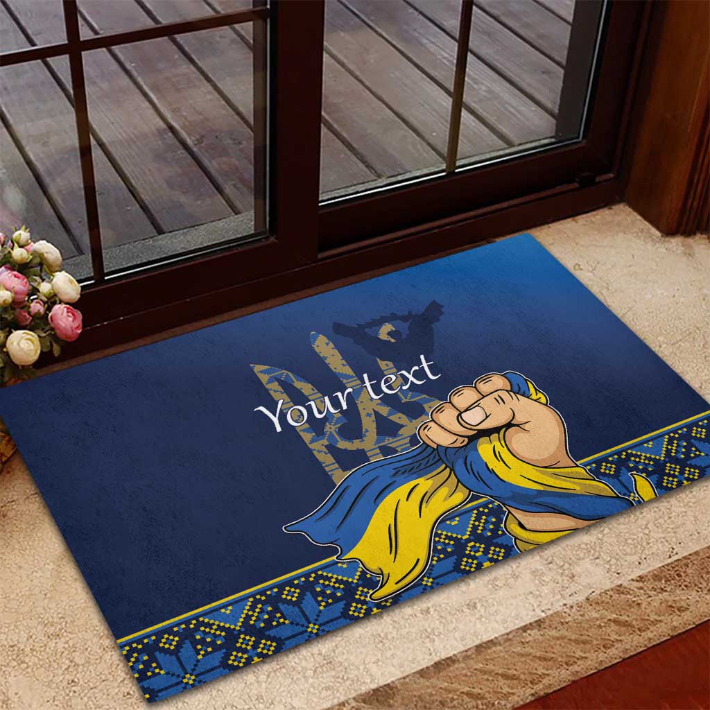 Personalized blue rubber doormat with yellow waving figure graphic and “Your text”