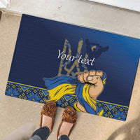 Personalized blue rubber doormat featuring yellow waving figure and “Your text”