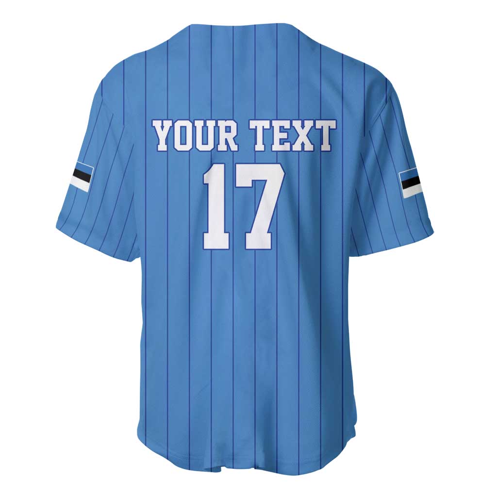 Blue baseball jersey back with YOUR TEXT and number 17 on striped fabric