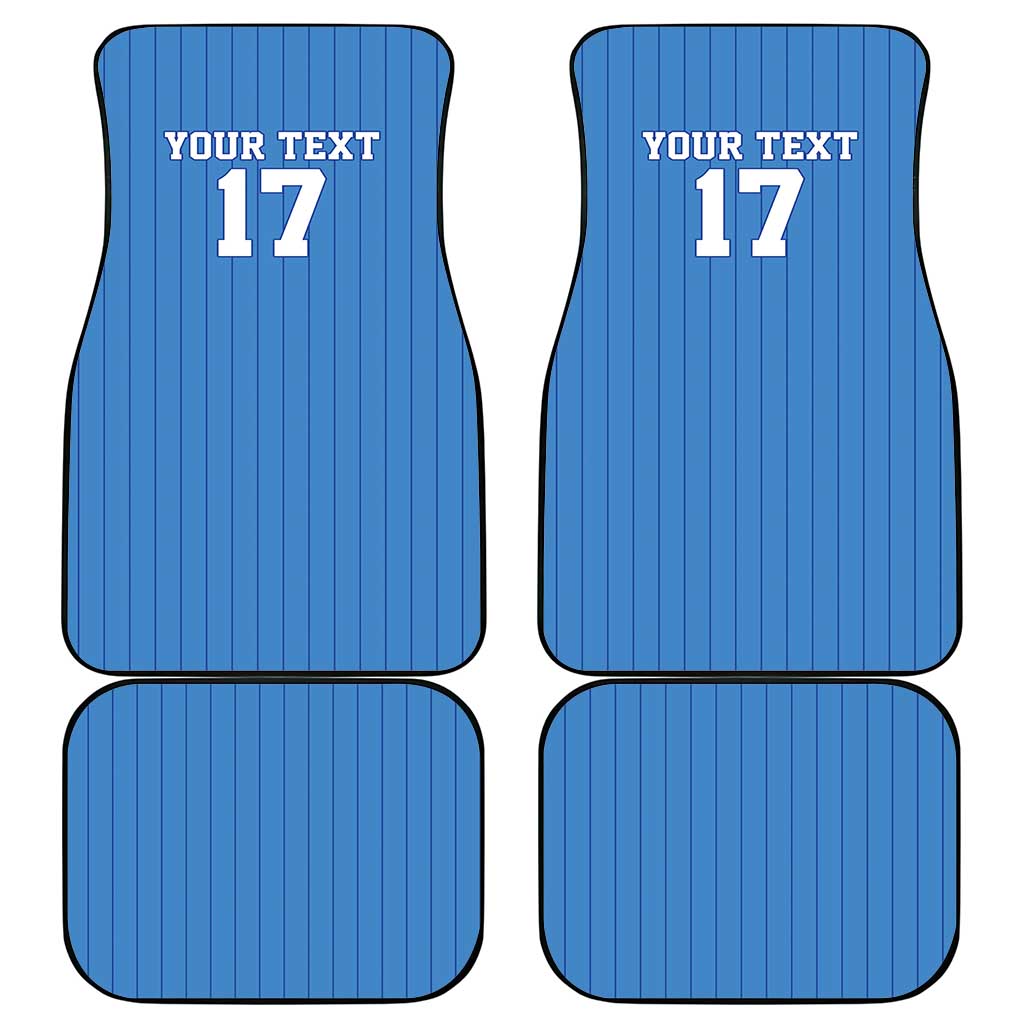 Blue custom car floor mat set, jersey-style pattern with 'YOUR TEXT 17' design