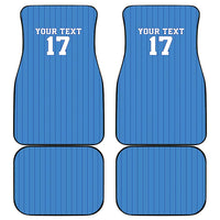 Blue custom car floor mat set, jersey-style pattern with 'YOUR TEXT 17' design