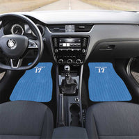 Blue car floor mats with custom 'YOUR TEXT' and '17' for front seats, jersey style