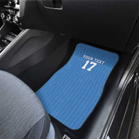 Blue custom car mat for passenger seat with 'YOUR TEXT 17' on striped jersey fabric