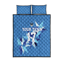 Blue quilt bed set with two pillowcases and large retro jersey graphic