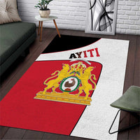 Red and white Haiti emblem area rug with 'AYITI' text