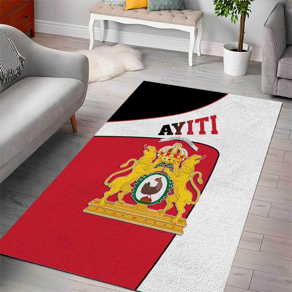 Red and white 'AYITI' crest area rug with central coat of arms