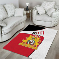 Red and white 'AYITI' crest area rug with gold lion emblem