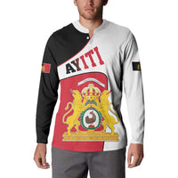 Long-sleeve button sweatshirt with diagonal crest print, red/black/white color blocks
