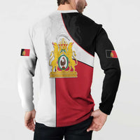 Back view button sweatshirt with diagonal crest print, red lower panel, long sleeves