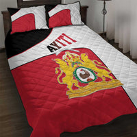 Red, white and black quilt bed set with Haitian coat of arms and AYITI lettering