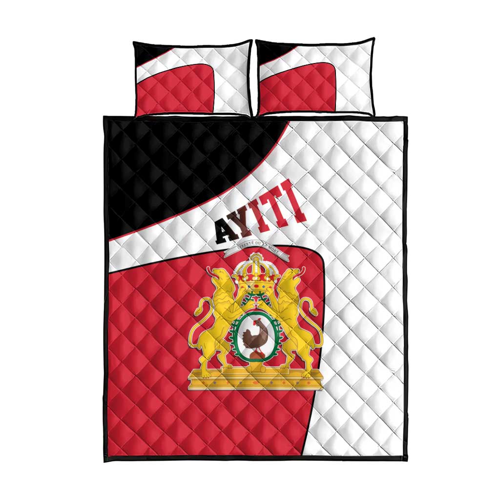 Quilt bed set with red and white panels, crest, black border, plus two pillows