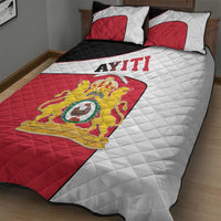 Red and white quilt with black edge, AYITI text and coat of arms, plus pillow set