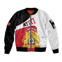 Unisex colorblock bomber jacket with front zipper, emblem patch, black red and white