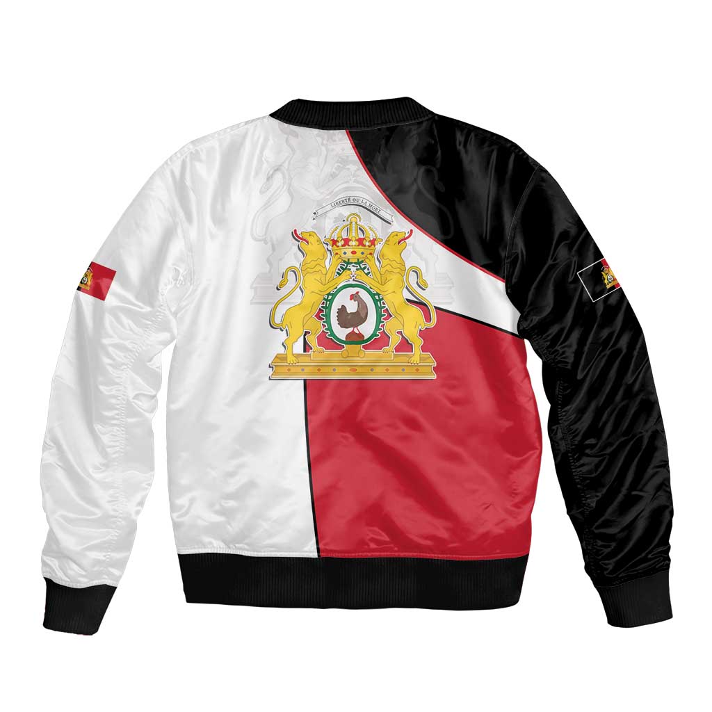 Unisex colorblock bomber jacket with front zipper, crest emblem, red black and white