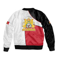 Unisex colorblock bomber jacket with front zipper, crest emblem, red black and white