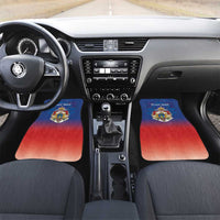 Personalized front car mats with blue-red gradient design, Haiti crest and “Your text”