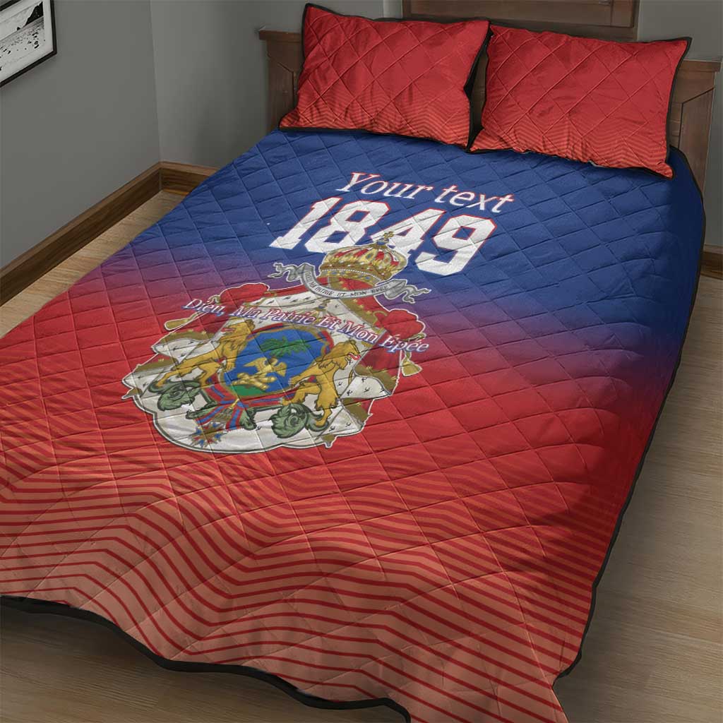 Red and blue quilt bed set with diamond quilting, 'Your text 1849' and Haitian crest
