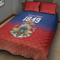 Red and blue quilt bed set with diamond quilting, 'Your text 1849' and Haitian crest